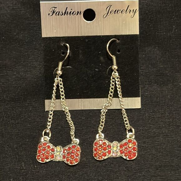 Red rhinestone bow earrings - Picture 1 of 5